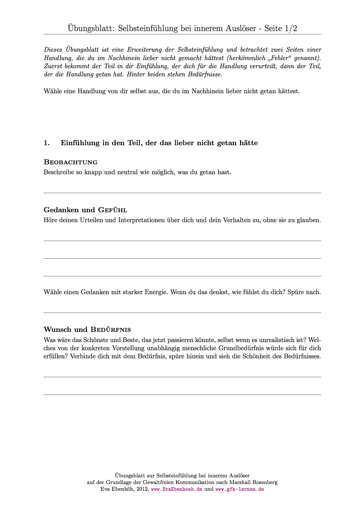 Übungsblatt Selbstempathie bei innerem Auslöser